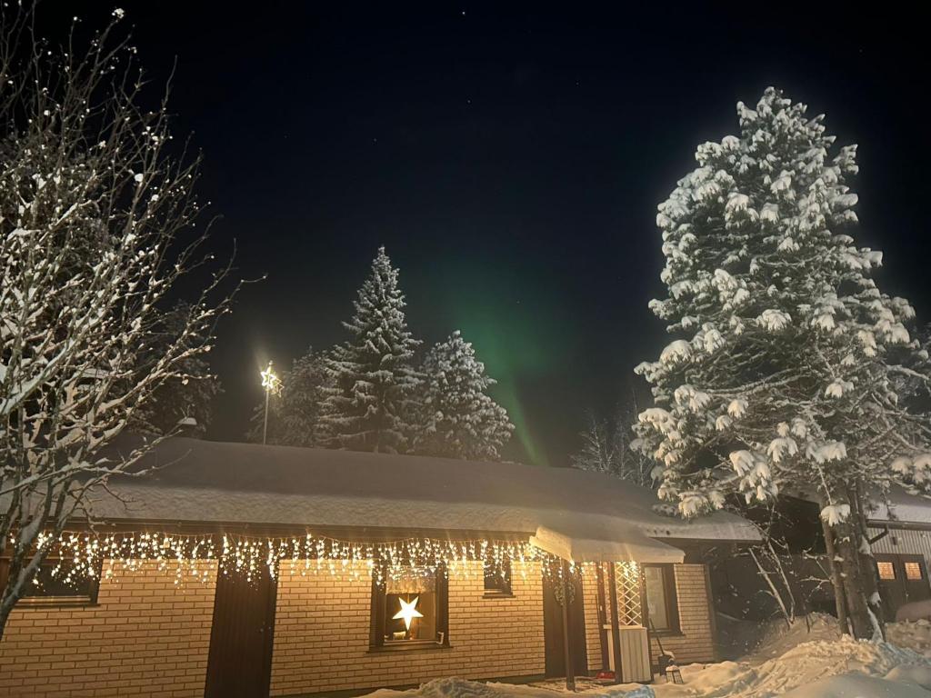 a house with christmas lights on it at night at Teddy's Hideout in Rovaniemi