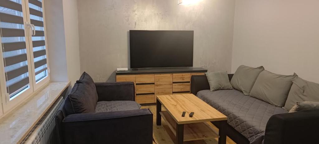 ein Wohnzimmer mit zwei Sofas und einem Flachbildfernseher in der Unterkunft Apartament u Jacka - 400m od Zamojskiej Starówki in Zamość