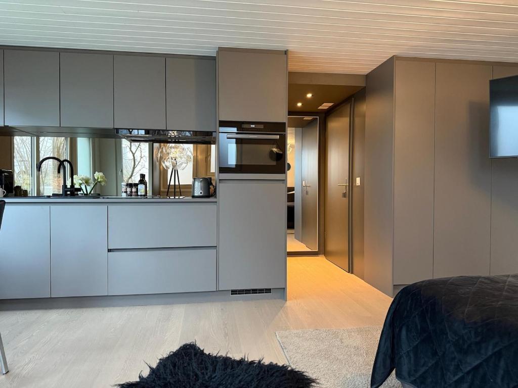 une cuisine avec des armoires blanches et une cuisinière dans l'établissement Luxus Studio Apartment am Bodensee, à Güttingen