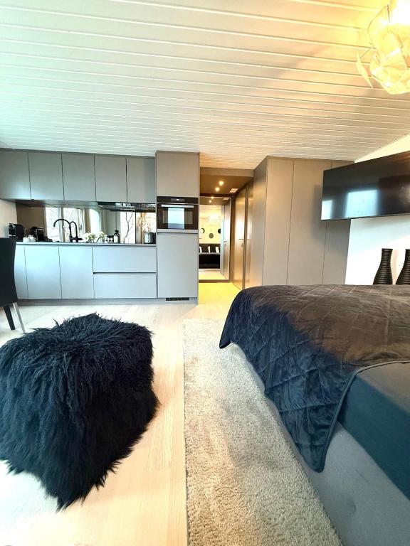 a bedroom with a large bed and a kitchen at Modernes Studio am Bodensee mit Parkplatz in Güttingen