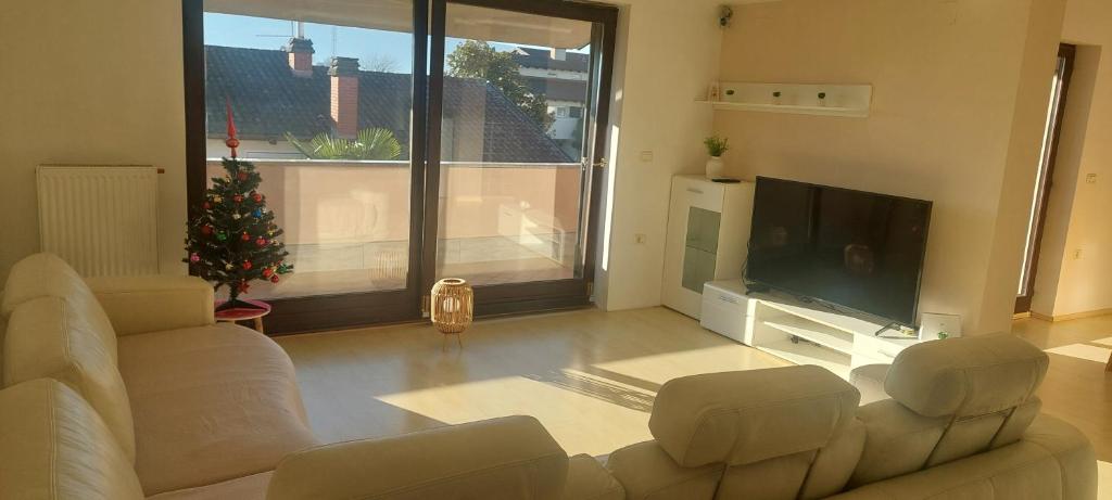 a living room with a christmas tree and a television at apartma Kiana in Šempeter pri Gorici