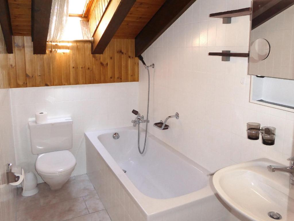 a bathroom with a tub and a toilet and a sink at Chalet Memory in Zermatt