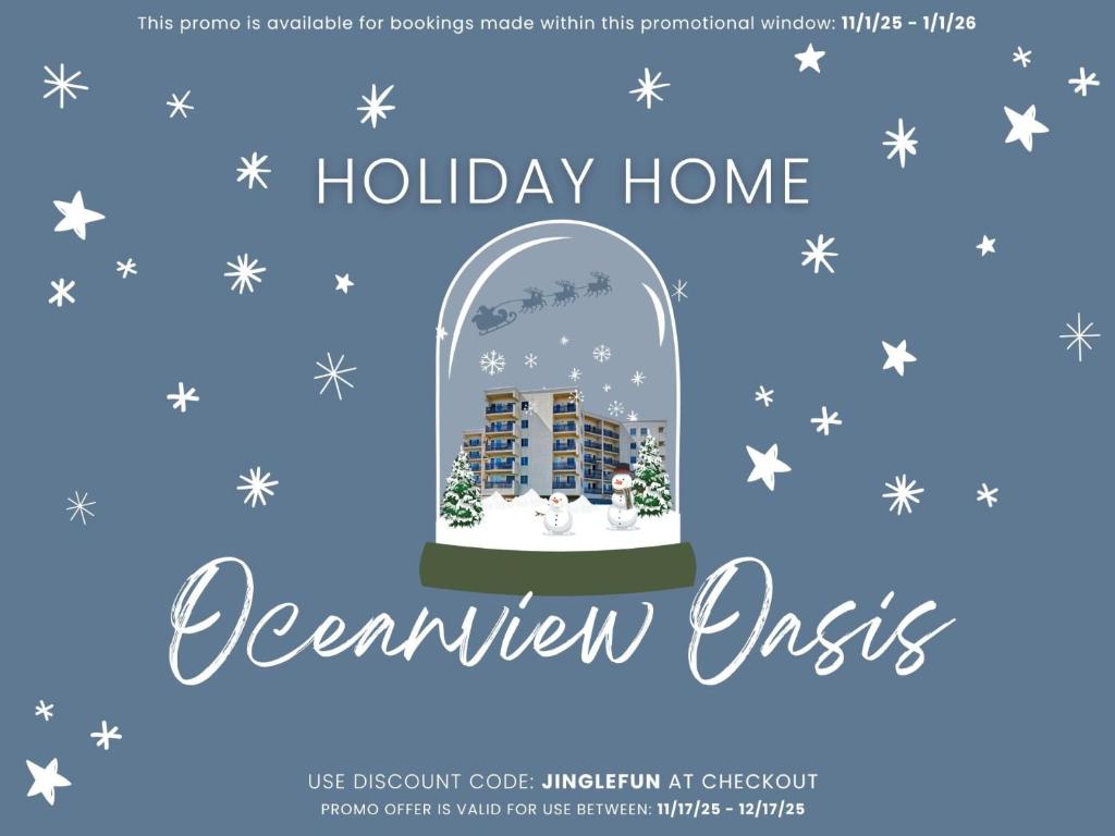 een poster voor een vakantiehuis in december, met een iris en een huis in een raam. bij Oceanview Oasis Seaside Holiday Retreat in Old Orchard Beach