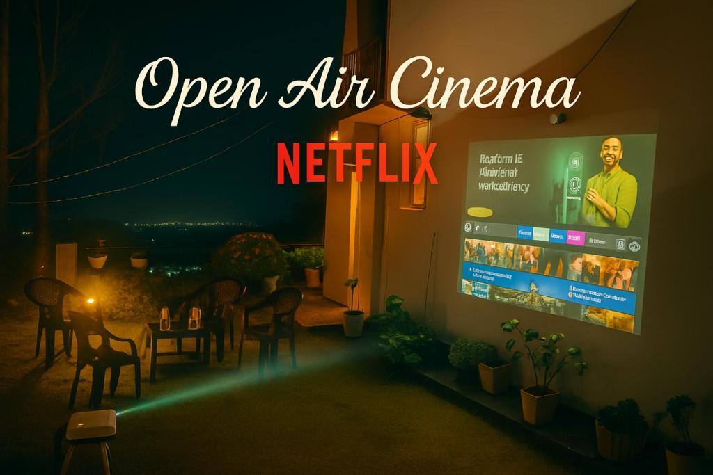 a restaurant with a sign that reads open air cinema netflix at Meraki - Entire 3BHK Villa With Himalayan Views in Rānīkhet