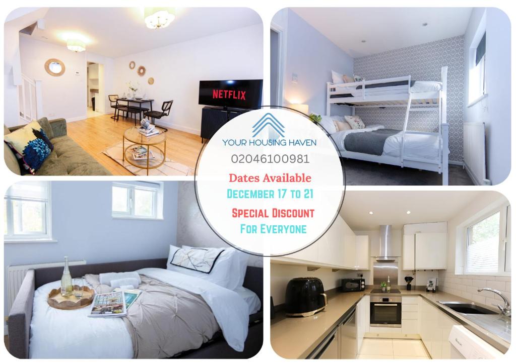 a collage of pictures of a bedroom and a living room at Pet-Friendly 2BR Home Contractor-Friendly Amenities with Private Yard, Free Parking & WiFi in Hemel Hempstead