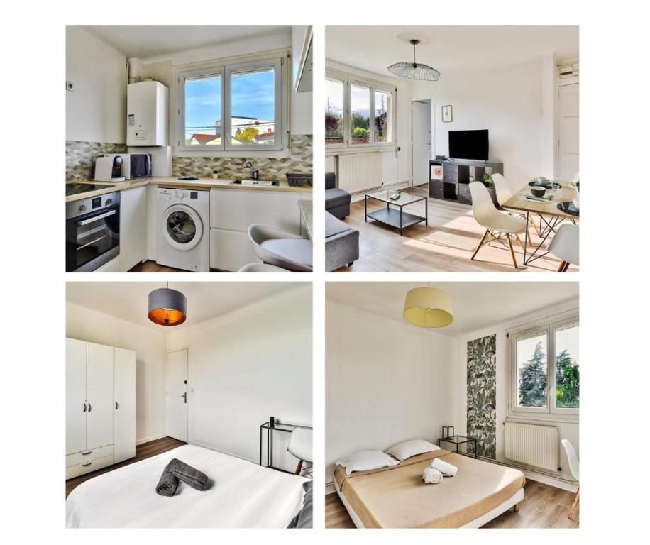 ピエール・ベニットにあるAppartement de charme, proche de toutes commoniditésのキッチンとリビングルームの4つの異なる景色を望めます。