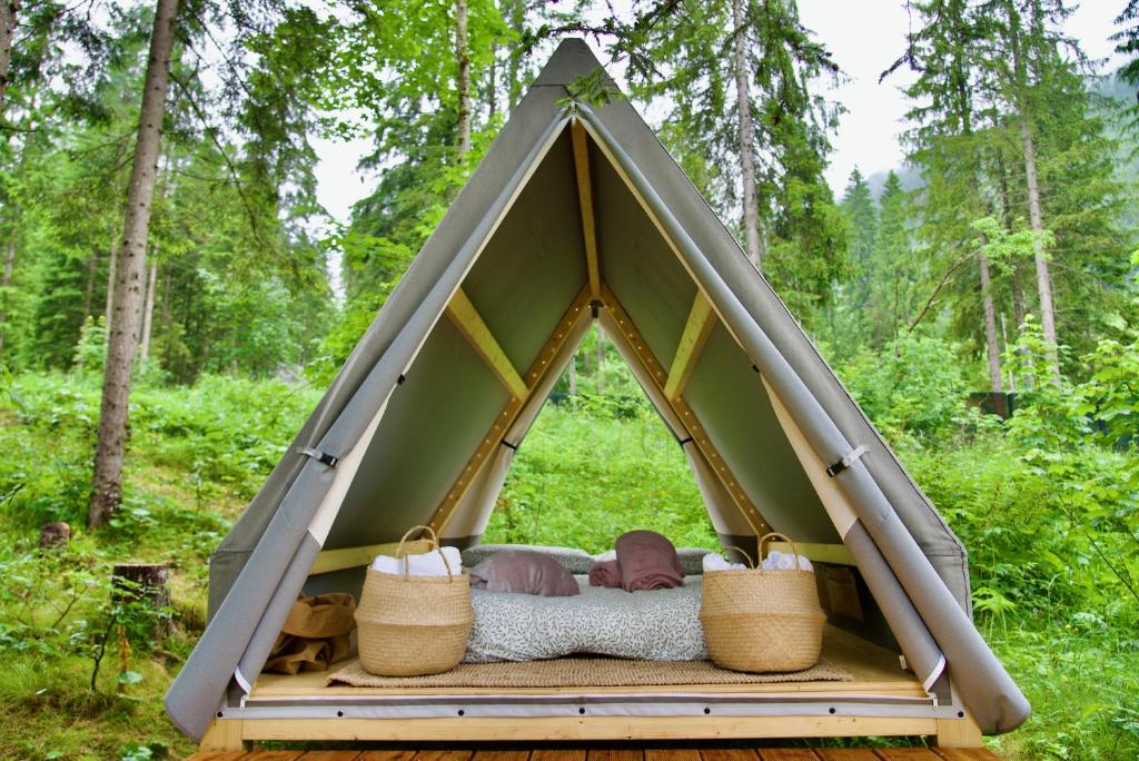a teepee tent with a bed in the woods at Campeggio Treinke Sauris in Sauris