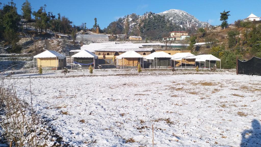 un grupo de edificios con nieve en el suelo en Oak Valley Camp, en Mussoorie