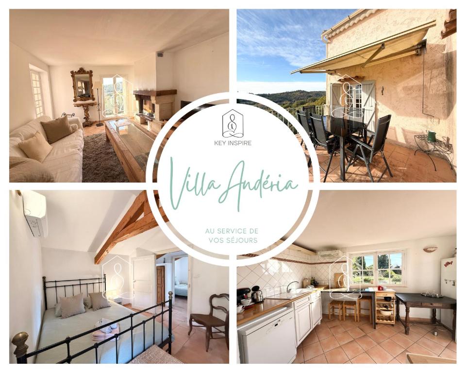 La Villa Andéria, petit cocon provençal في كاليان: ملصق بأربع صور منزل