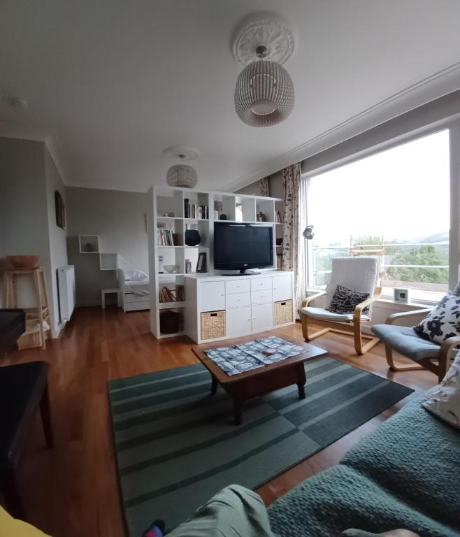 a living room with a couch and a tv at Dunslair View Appartment in Peebles