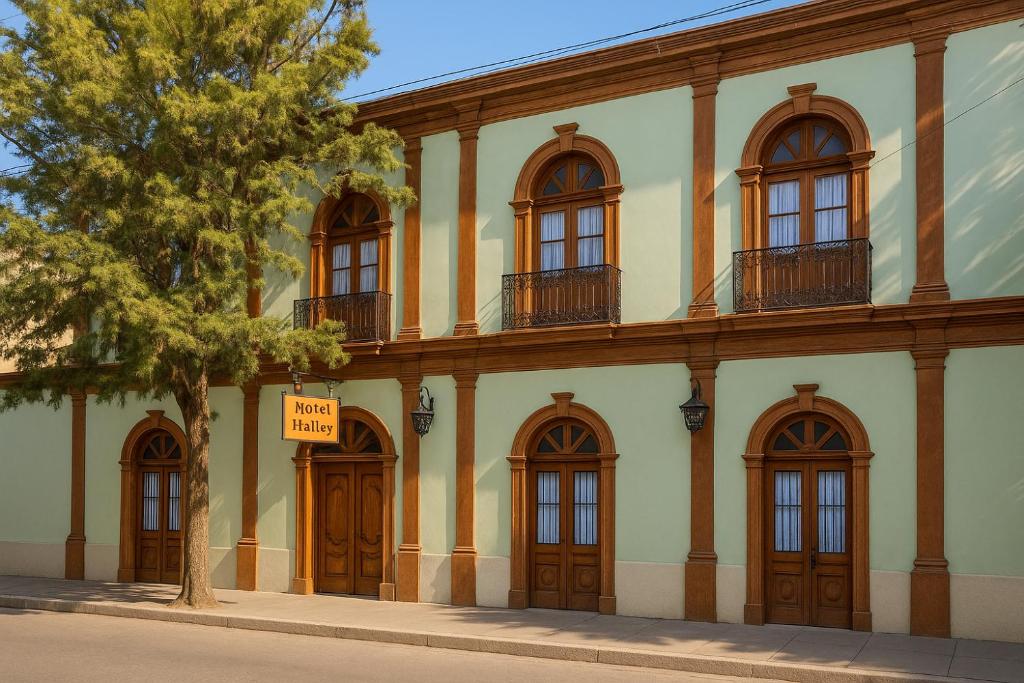 Hotel Halley, Encanto Colonial en el Centro de Vicuña في فيكوينا: مبنى به عدة أبواب ونوافذ وشجرة