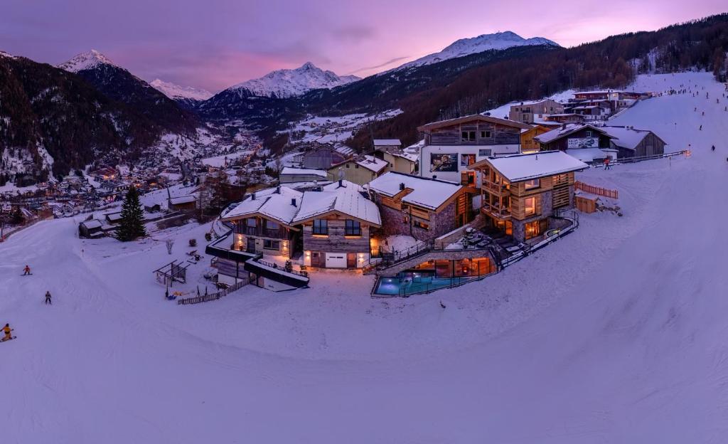 an aerial view of a house in the snow at Haus Melisande in Sölden