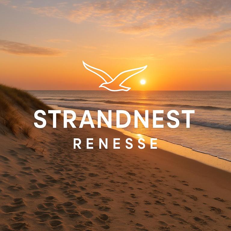 a seagull flying over the beach at sunset at Strandnest Renesse in Renesse