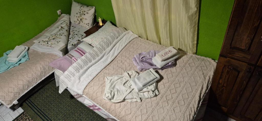 a bed in a green room with clothes on it at Vikendica Iris in Mojkovac
