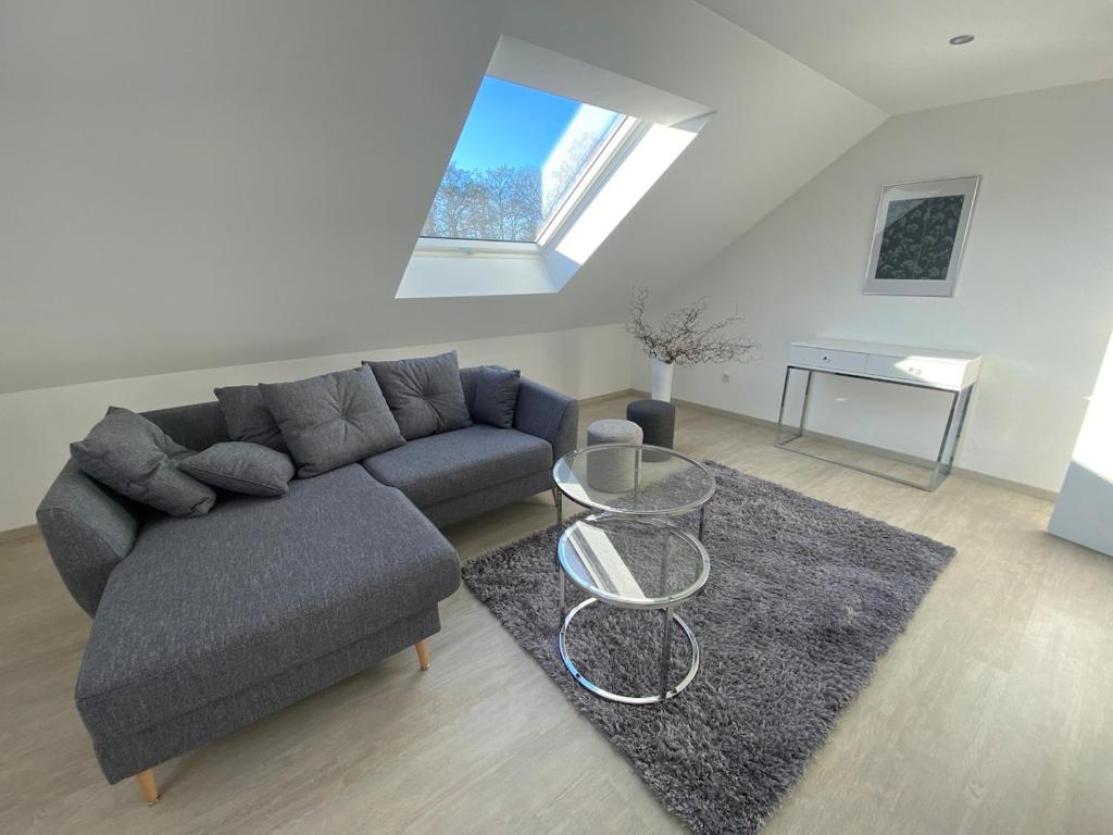 ein Wohnzimmer mit einer Couch und einem Teppich in der Unterkunft 2 Zimmer-Wohnung ruhig modern zentrumsnah in Abensberg
