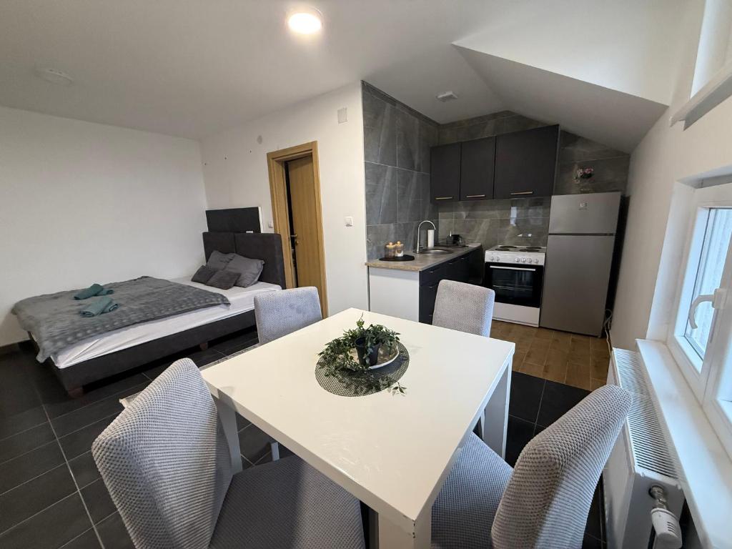 een keuken en eetkamer met een tafel en stoelen bij Apartman Rest Novi Sad in Novi Sad