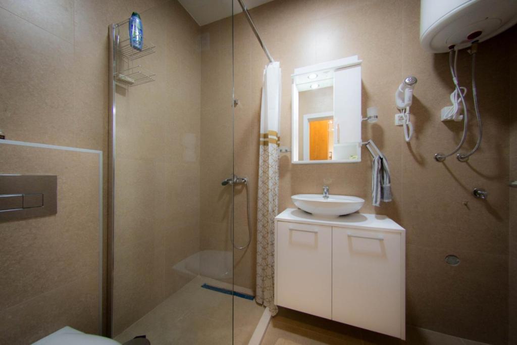 een badkamer met douche, wastafel en spiegel bij Pro-Link Podgorica in Podgorica