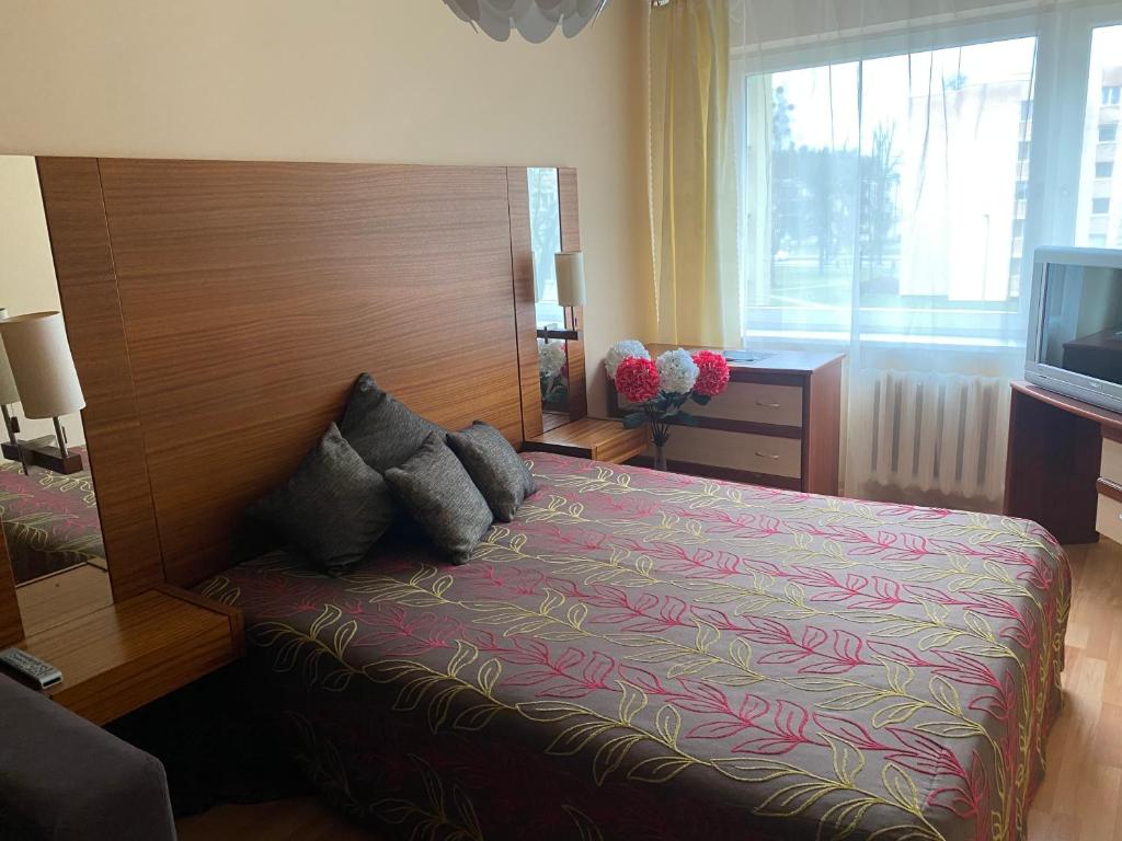 ein Schlafzimmer mit einem großen Bett und einem Fernseher in der Unterkunft Amber apartamentai in Druskininkai