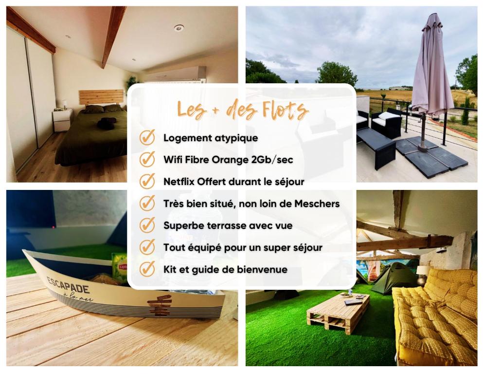 Les Flots de Barzan Appartement atypique avec vue mer في Barzan: مجموعة من الصور مع وجود علامة في الغرفة