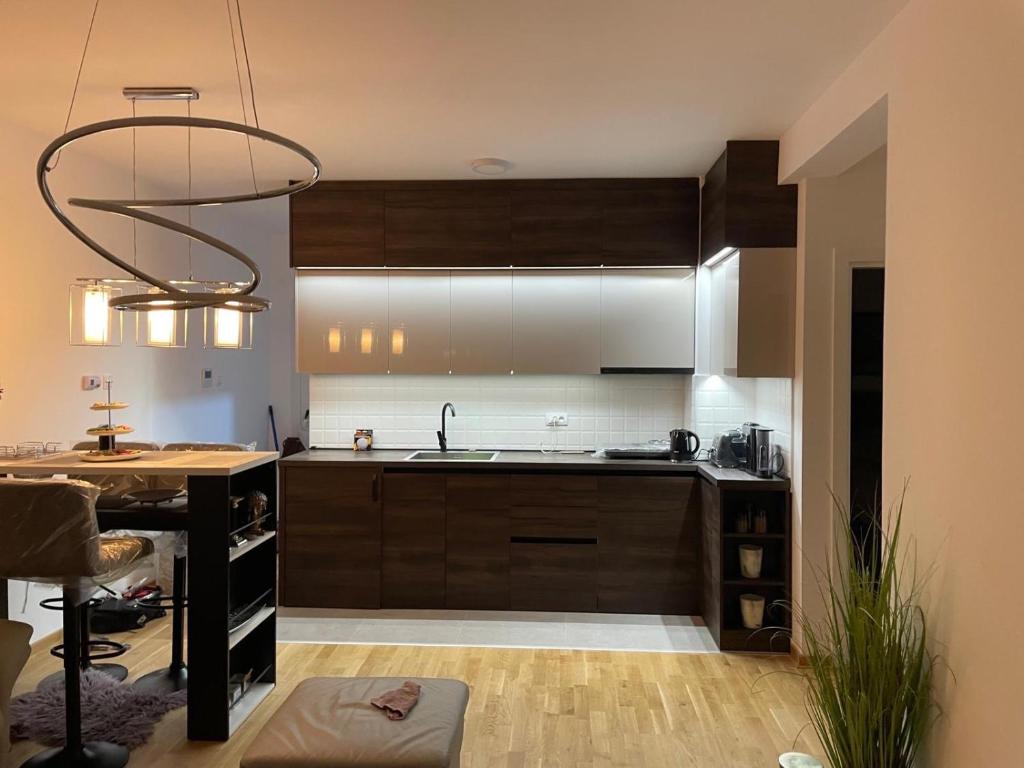 a kitchen with a sink and a counter top at Apartmani Anonim in Vrdnik