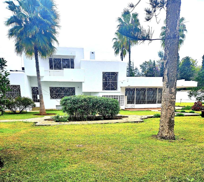 Oulad AkkouにあるVilla Luxury Suissi Rabatのヤシの木が目の前に広がる白い家