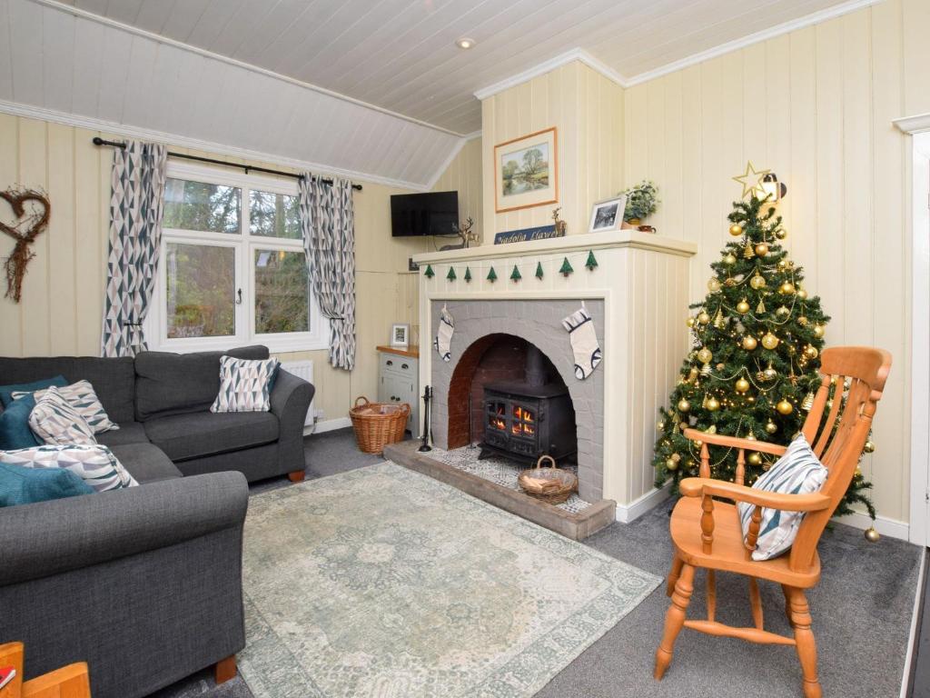 a living room with a christmas tree and a fireplace at 4 Bed in Llanfairtalhaiarn 88973 in Llanfair Talhaiarn