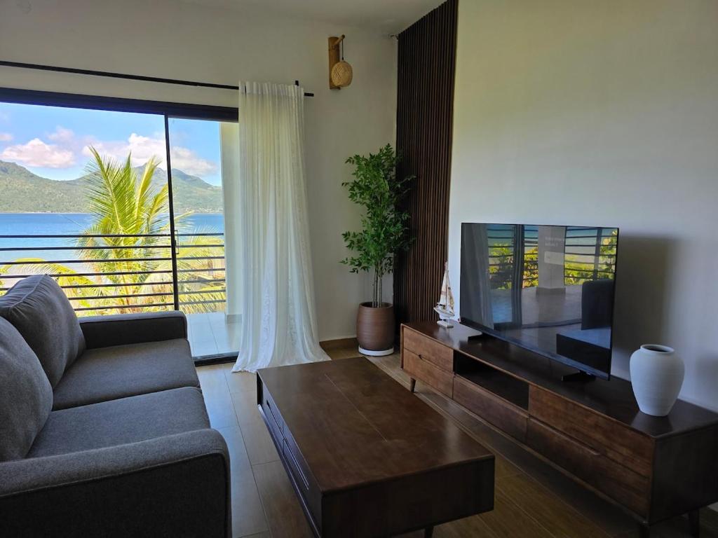 a living room with a couch and a television at T2 moderne en bord de mer 