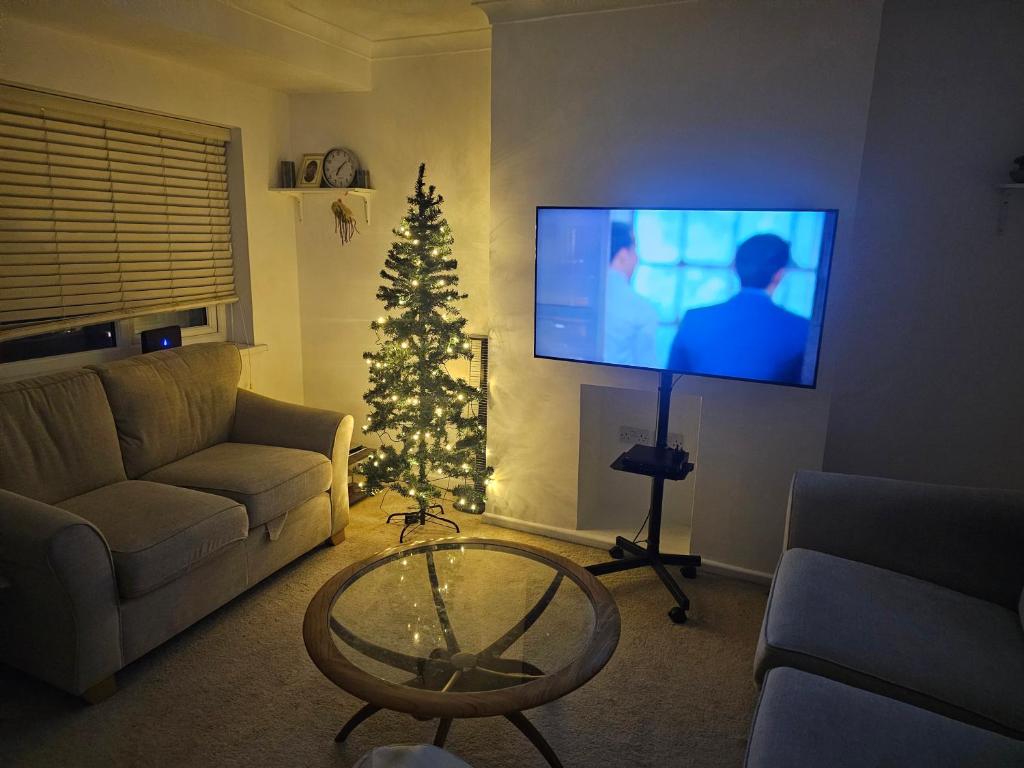 a living room with a christmas tree and a television at 14 london road in Stonewood