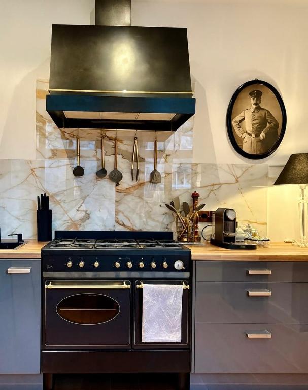 a kitchen with a stove top oven in a kitchen at der Elbe so nah in Dömitz