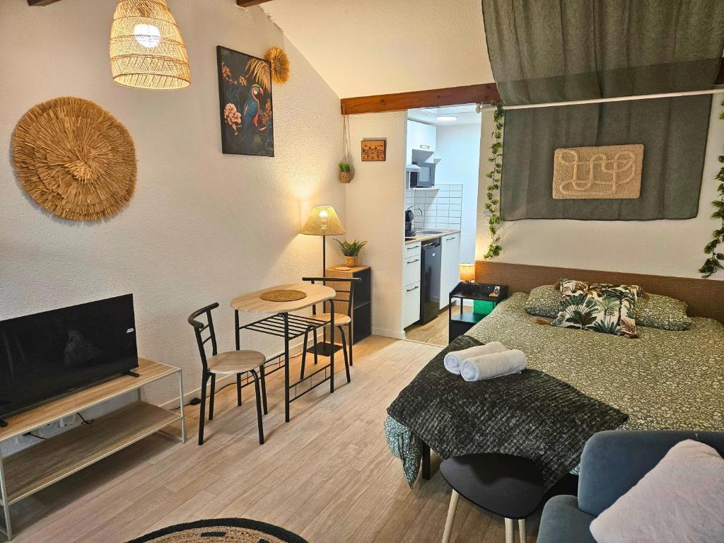 una pequeña sala de estar con cama y mesa. en Fontaine - Centre - Wifi - Clim, en Dax
