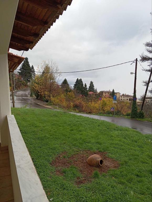 a yard with a pipe laying on the grass at Golden Hearth Mountain Chalet in Ano Trikala