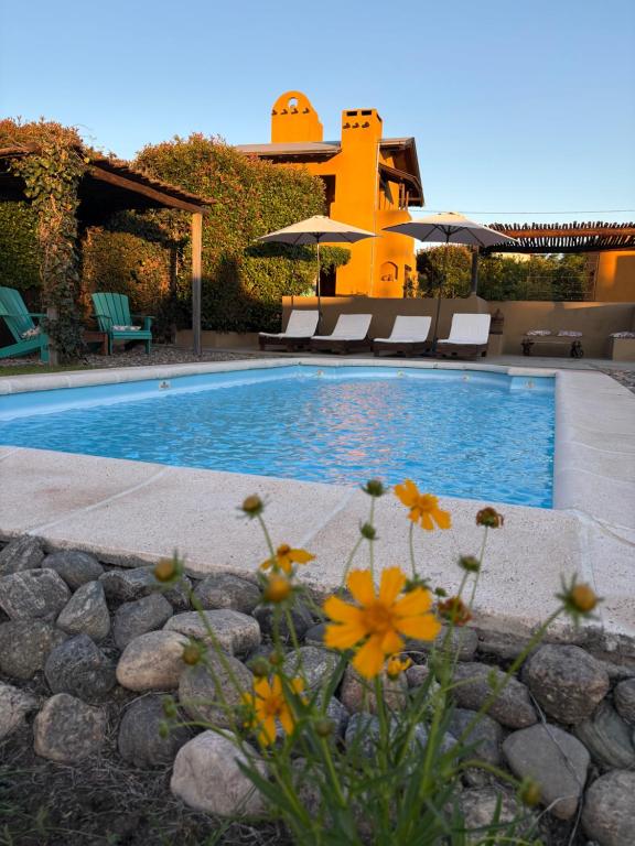 ein Pool mit Blumen vor einem Haus in der Unterkunft La Cambicha Ranchos in Los Reartes