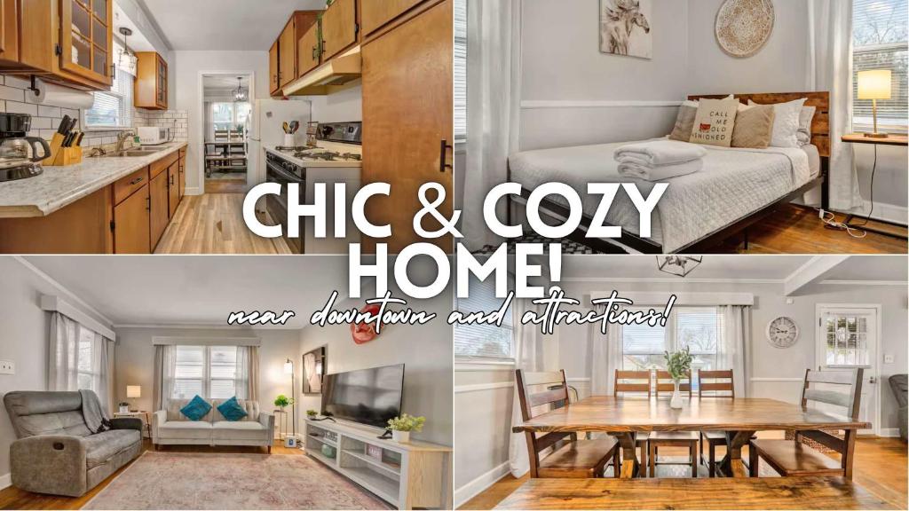 a collage of two pictures of a kitchen and a living room at Spacious 4BR Home with Cozy Vibes in Louisville in Louisville