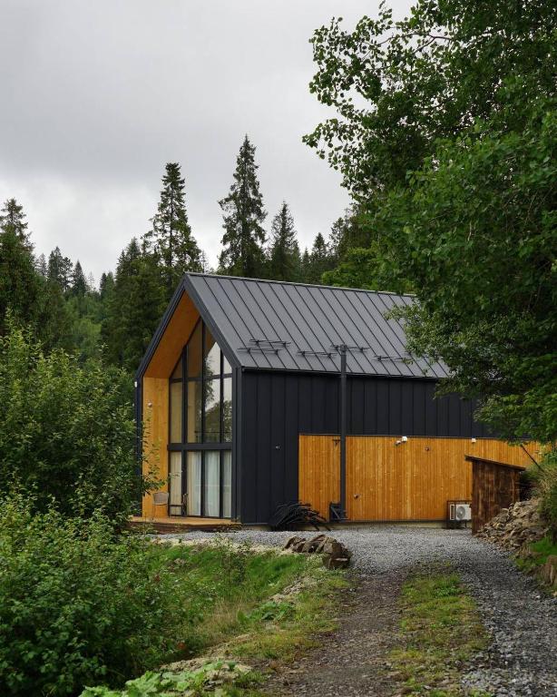 a black house with a black roof at Samatha space in Slavske
