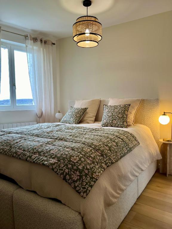 a bedroom with a large bed with two pillows at Les Chantereines maison calme au cœur du vignoble champenois in Brugny-Vaudancourt