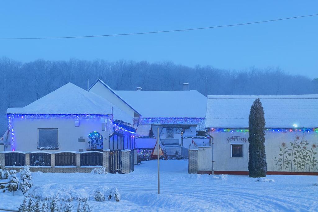 a building covered in christmas lights in the snow at Harmony Vendégház Egerszalók in Egerszalók