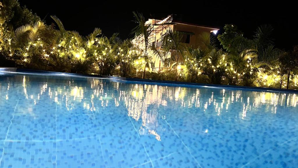 eine Nachtansicht eines Swimmingpools mit Lichtern in der Unterkunft Corbett Nature Walk - Forest View Swimming Pool in Rāmnagar