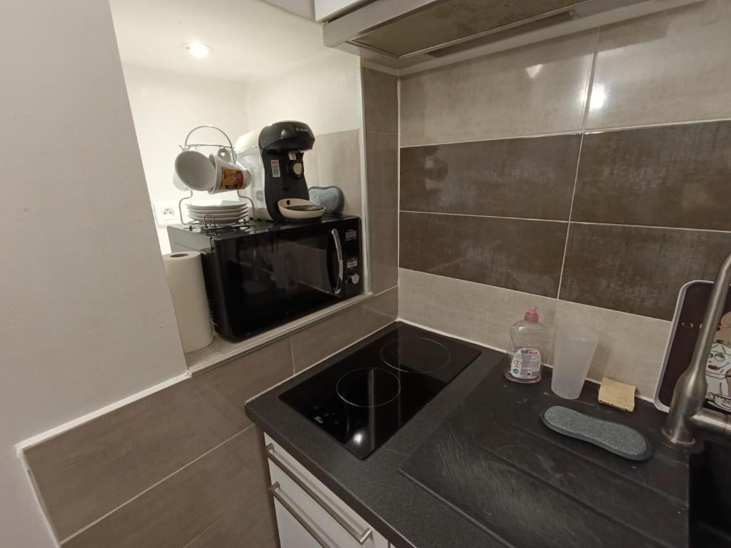 a small kitchen with a sink and a microwave at Glauque Room Horror and cinema themed studio in Béziers