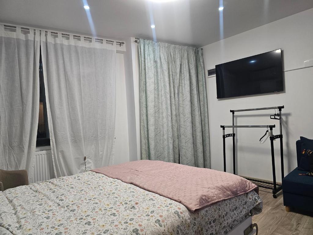 een slaapkamer met een bed en een flatscreen-tv bij East apartment in Tecuci