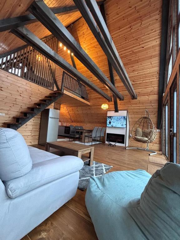a living room with a couch and a tv at Transilvania Chalet in Zărneşti