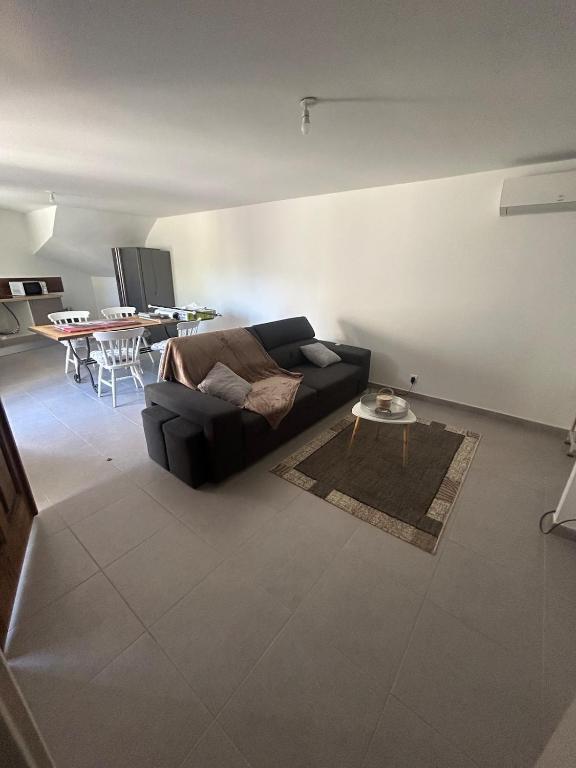 Una sala de estar con un sofá negro y una mesa. en Appartement T2 Calme & Parking privé, en Peypin-dʼAigues