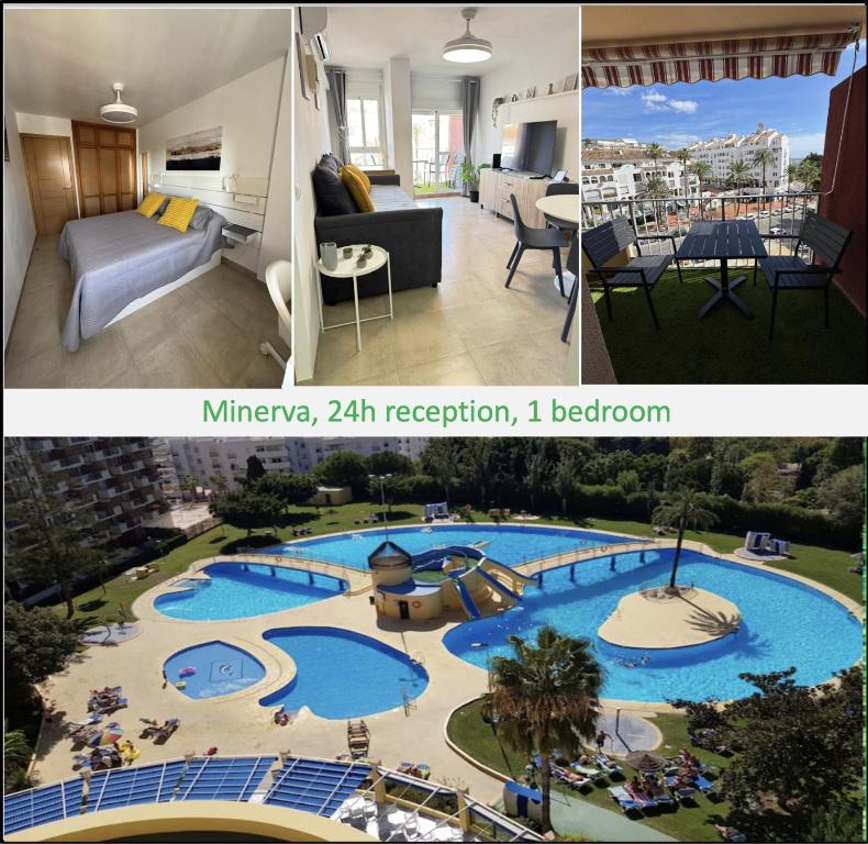 a collage of two pictures of a apartment with a large pool at Minerva 211 - 24h reception - 1 bedroom in Benalmádena