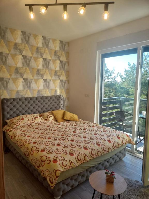 セルビアディヴツィバレにあるApartman Milošのベッドとバルコニーのある寝室