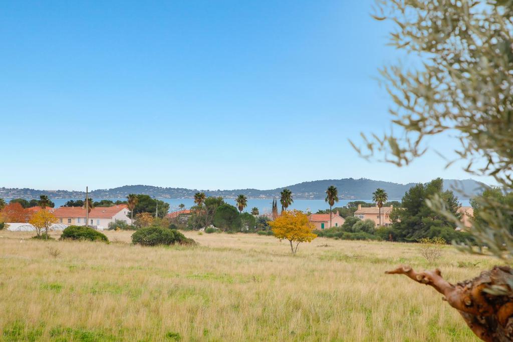 een grasveld met huizen op de achtergrond bij Le petit Sud in Carqueiranne