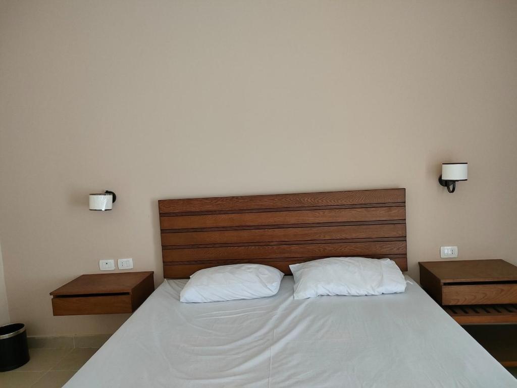 1 dormitorio con 1 cama con 2 almohadas y 2 mesitas de noche en Private quite resort with lake view among nature, en Tunis