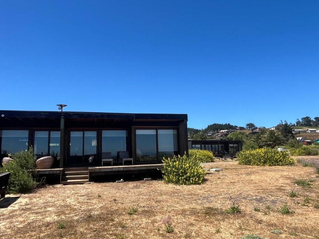 een huis met glazen ramen in een veld bij Sirena Lodge in De Cauquenes