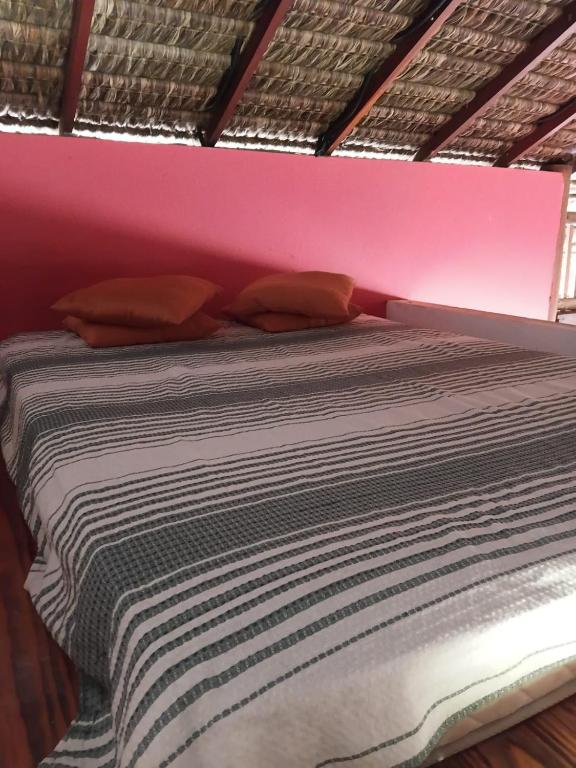 a bed in a room with a pink wall at Chalé pé na areia e vista Mar in Ilhéus