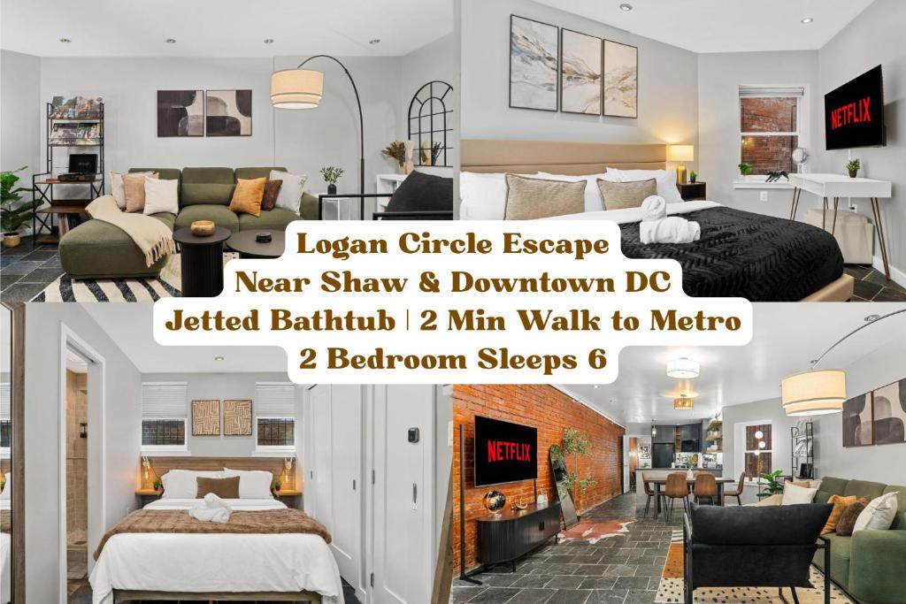 a collage of photos of a bedroom with a bed and a living room at Luxe Logan Circle Escape - Near Downtown DC & Shaw in Washington