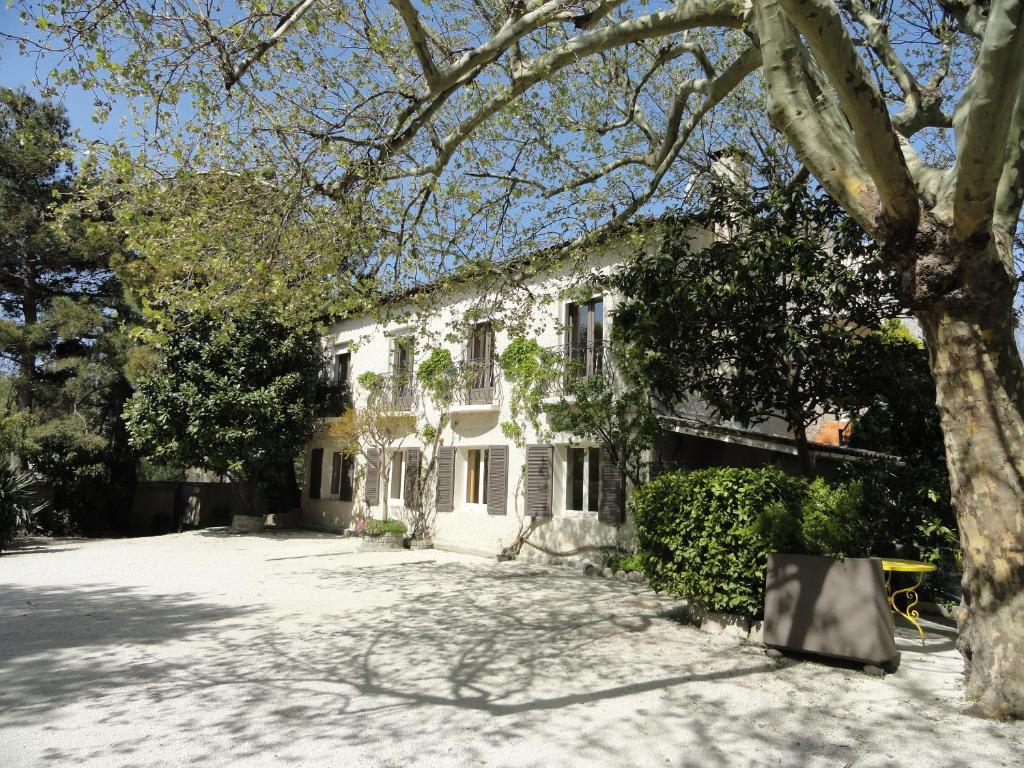 Una casa blanca con un árbol delante. en Hotel de l'île en Aviñón