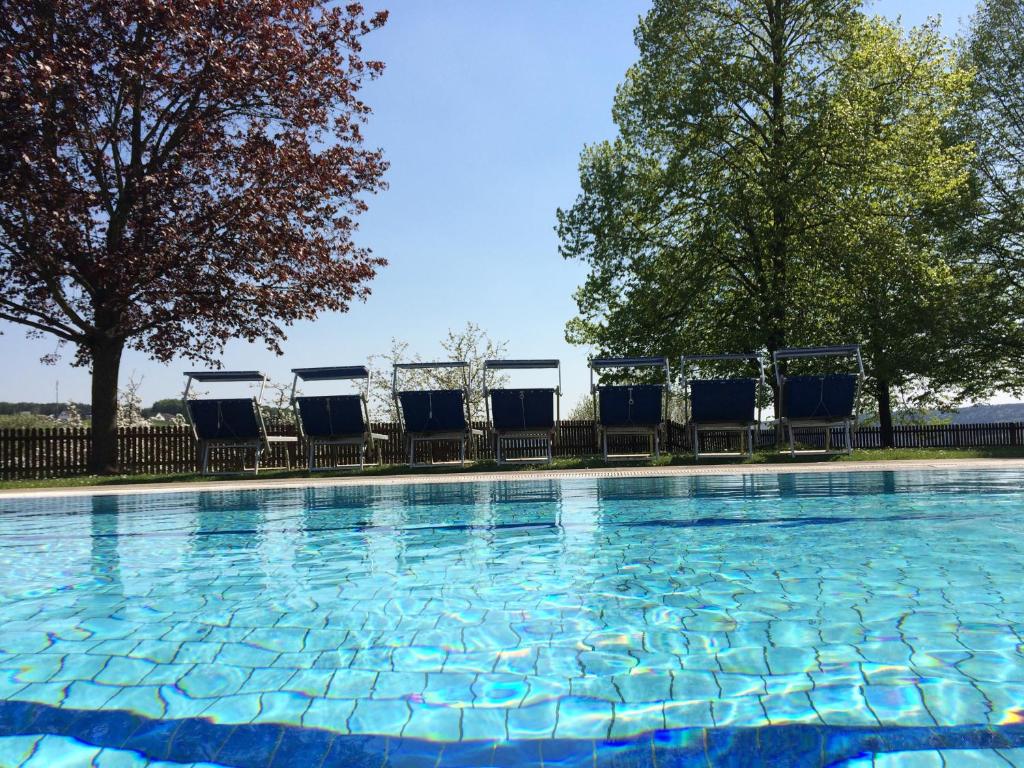 a large swimming pool with chairs and a tree at THERMEN - APARTMENT BIODORF Bad Waltersdorf in Bad Waltersdorf